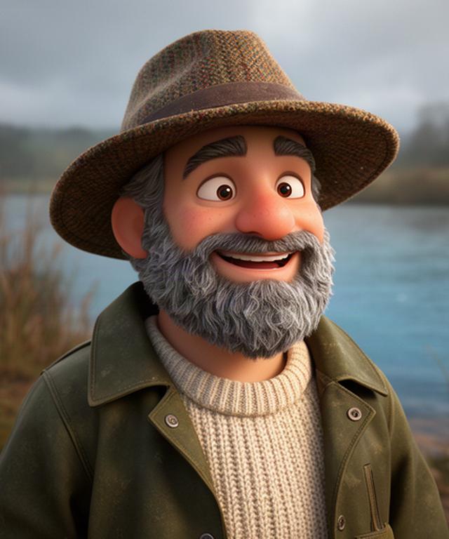Portrait of the bearded fisherman character wearing a tweed hat and olive waxed jacket