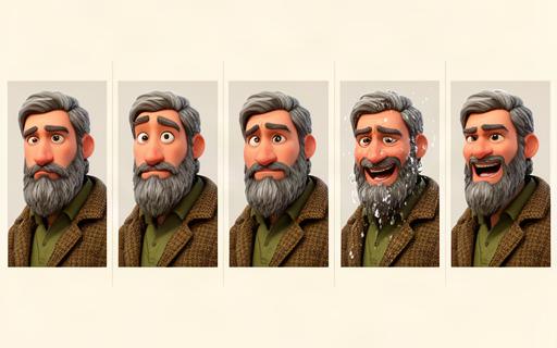 Expression sheet showing the bearded fisherman looking neutral, puzzled, delighted, soaked and triumphant