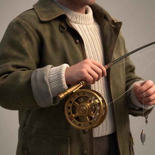 Close detail of the fisherman's olive jacket, knitted jumper and brass fishing reel