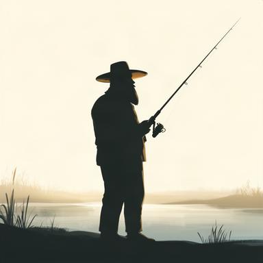 Silhouette study of the fisherman holding a rod beneath his broad-brimmed hat
