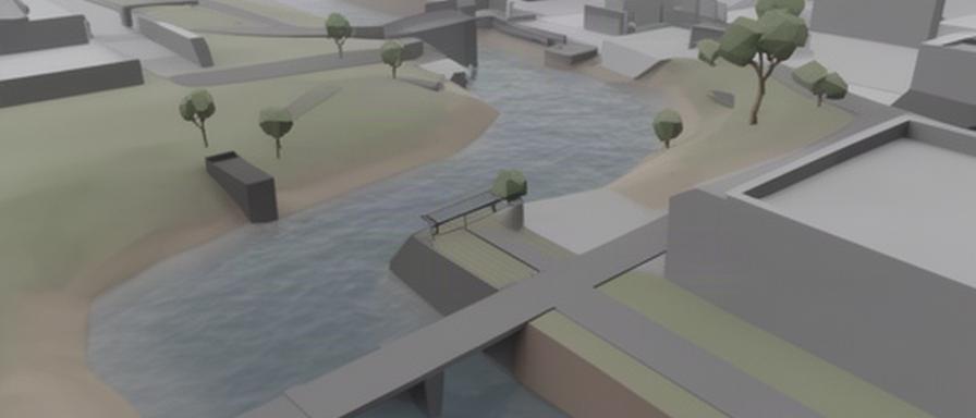 Grey-box vertical slice of a fishing location during game development, with a riverbank and test paths