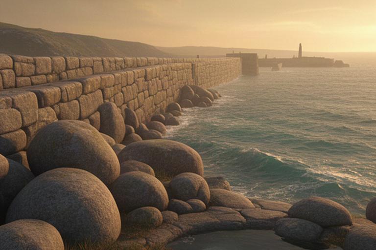 Cornish harbour wall and granite boulders under a warm golden dusk sky