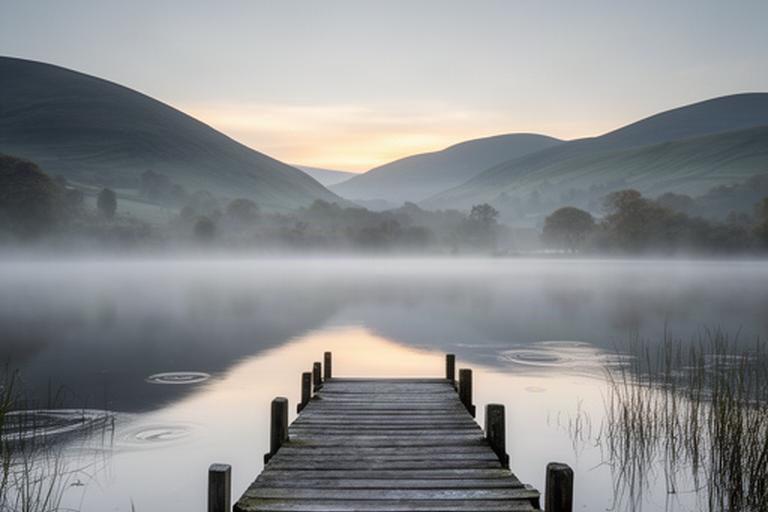 Still Cumbrian mere at dawn with mist over the fells and a weathered wooden jetty
