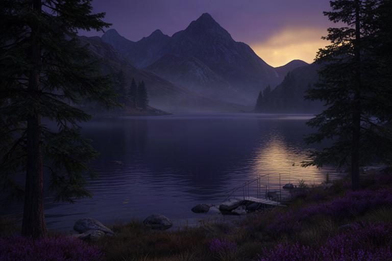 Highland loch at dusk framed by pine trees and purple heather