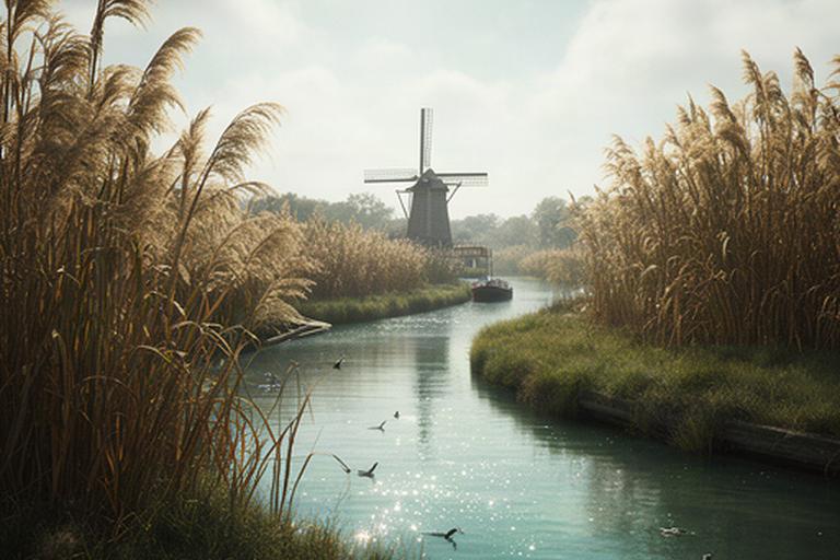 Norfolk Broads reed beds and a distant wind pump beside a quiet waterway