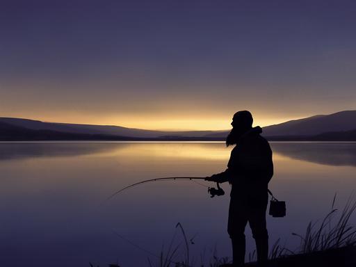 Silhouette of the bearded fisherman beside a still lake at dusk