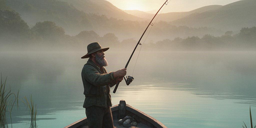 Bearded fisherman in a wide hat casting a rod from a wooden boat on a misty British lake at sunrise