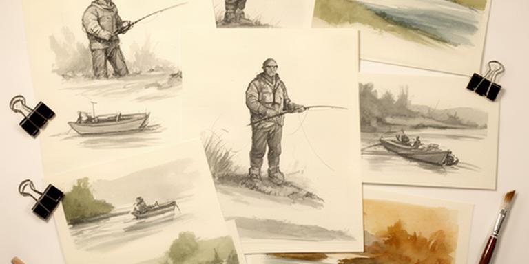 Members' concept art showing fisherman poses and riverside location sketches