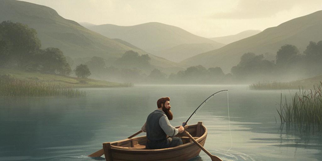 Tidal Tales key art showing a bearded fisherman rowing a wooden boat across a wide lake
