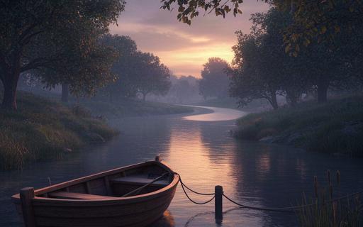 Wooden fishing boat moored on a British river at dusk beneath warm evening light