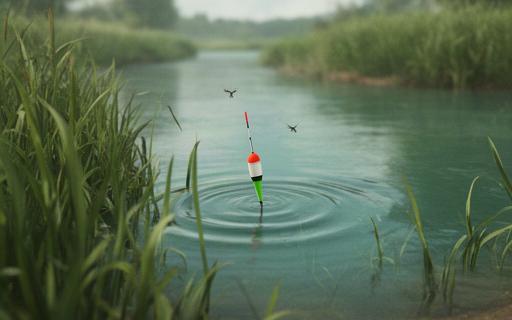 Gameplay view of a fishing float landing on a calm river beside green reeds