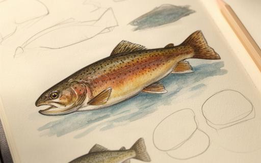 Close view of a Tidal Tales journal page with a brown trout sketch and water notes