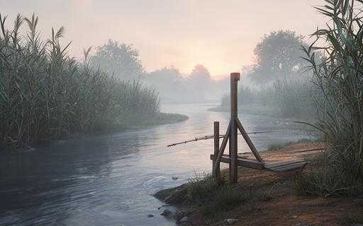 Quiet riverbank in Tidal Tales with reeds, a wooden peg and pale dawn light