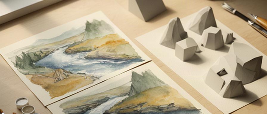 Watercolour river sketches and 3D block-out models arranged on a game artist's desk