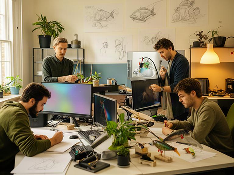 Game artists and developers working at shared desks in a London studio near Liverpool Street